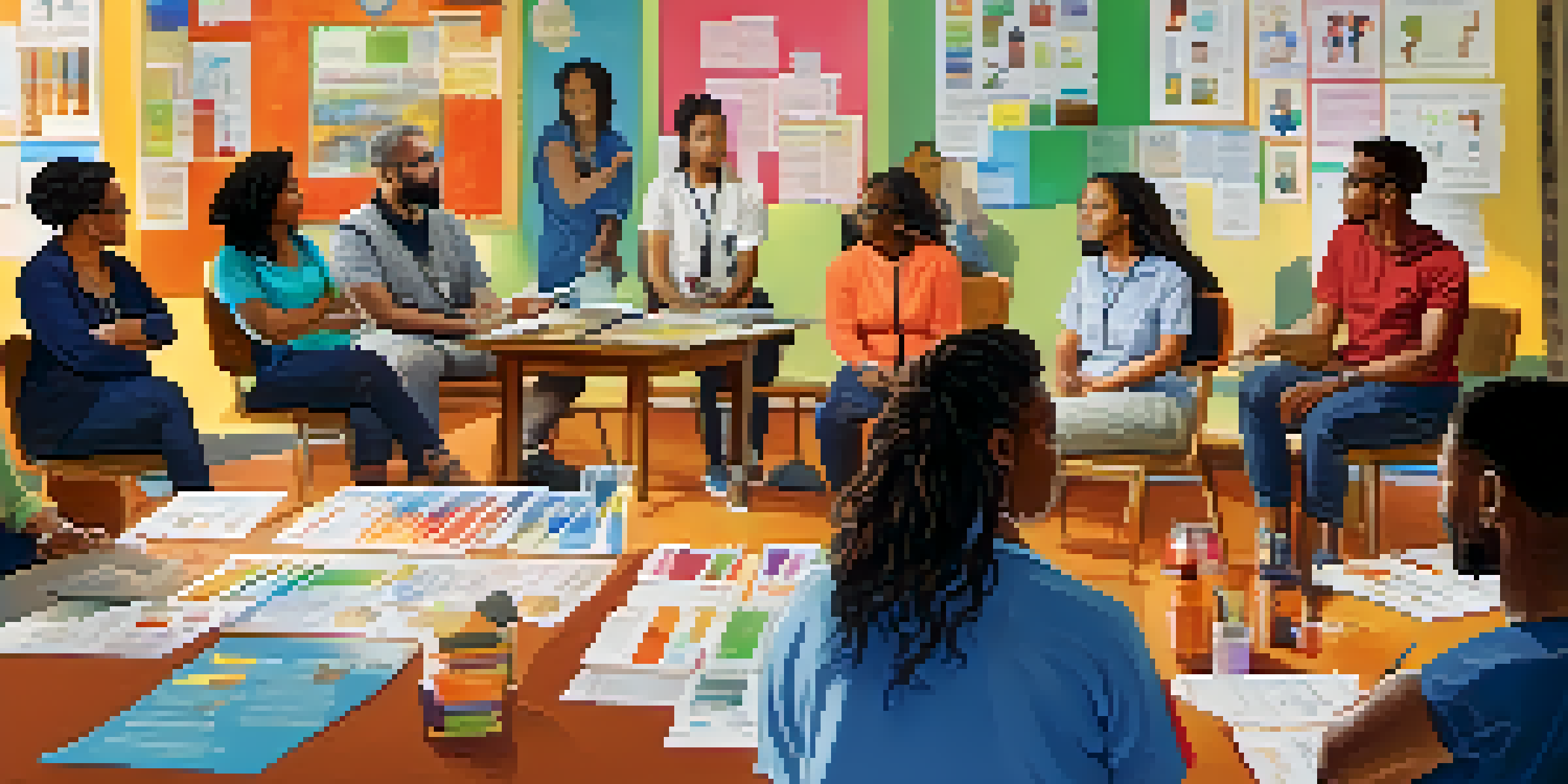 A diverse group of individuals participating in a health literacy workshop, discussing health materials around a table.