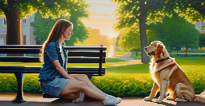 A person enjoying a moment of companionship with a golden retriever in a vibrant park during sunset.