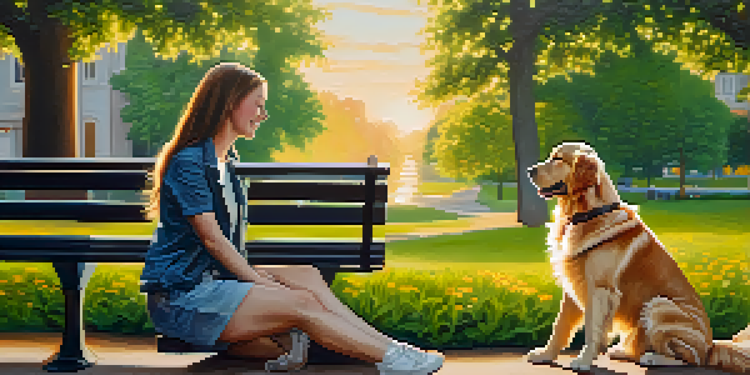 A person enjoying a moment of companionship with a golden retriever in a vibrant park during sunset.