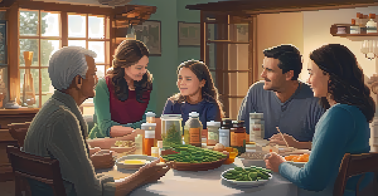 A family discussing health decisions around a table with traditional and modern medicines visible.