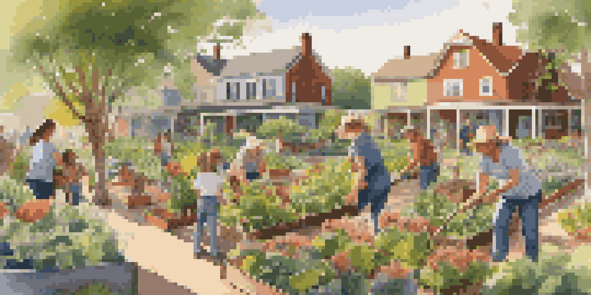 A diverse group of people working in a colorful community garden, planting flowers and vegetables under warm sunlight.