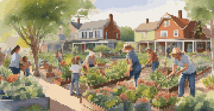 A diverse group of people working in a colorful community garden, planting flowers and vegetables under warm sunlight.