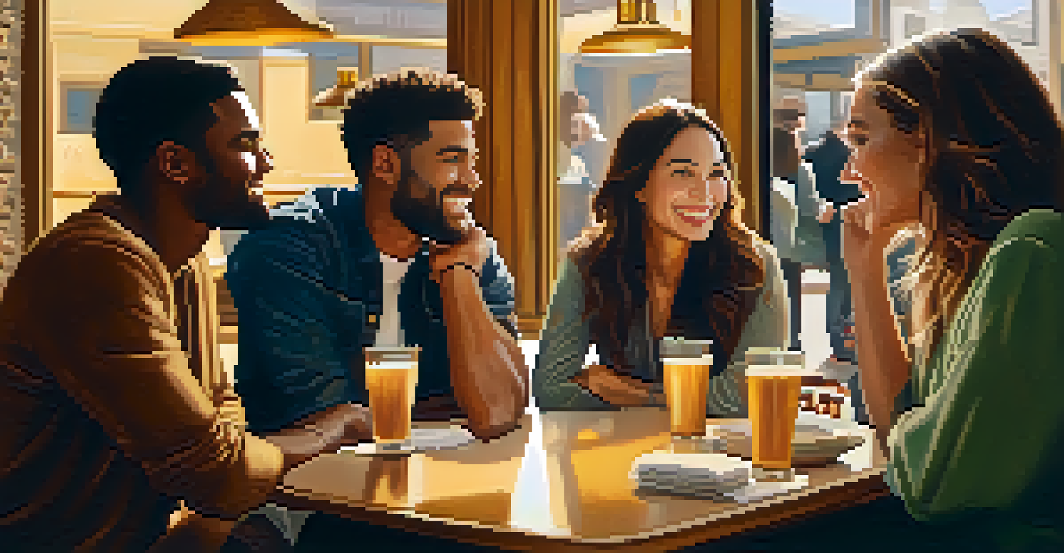A cozy café with friends having a supportive conversation, warm lighting creating a welcoming atmosphere.