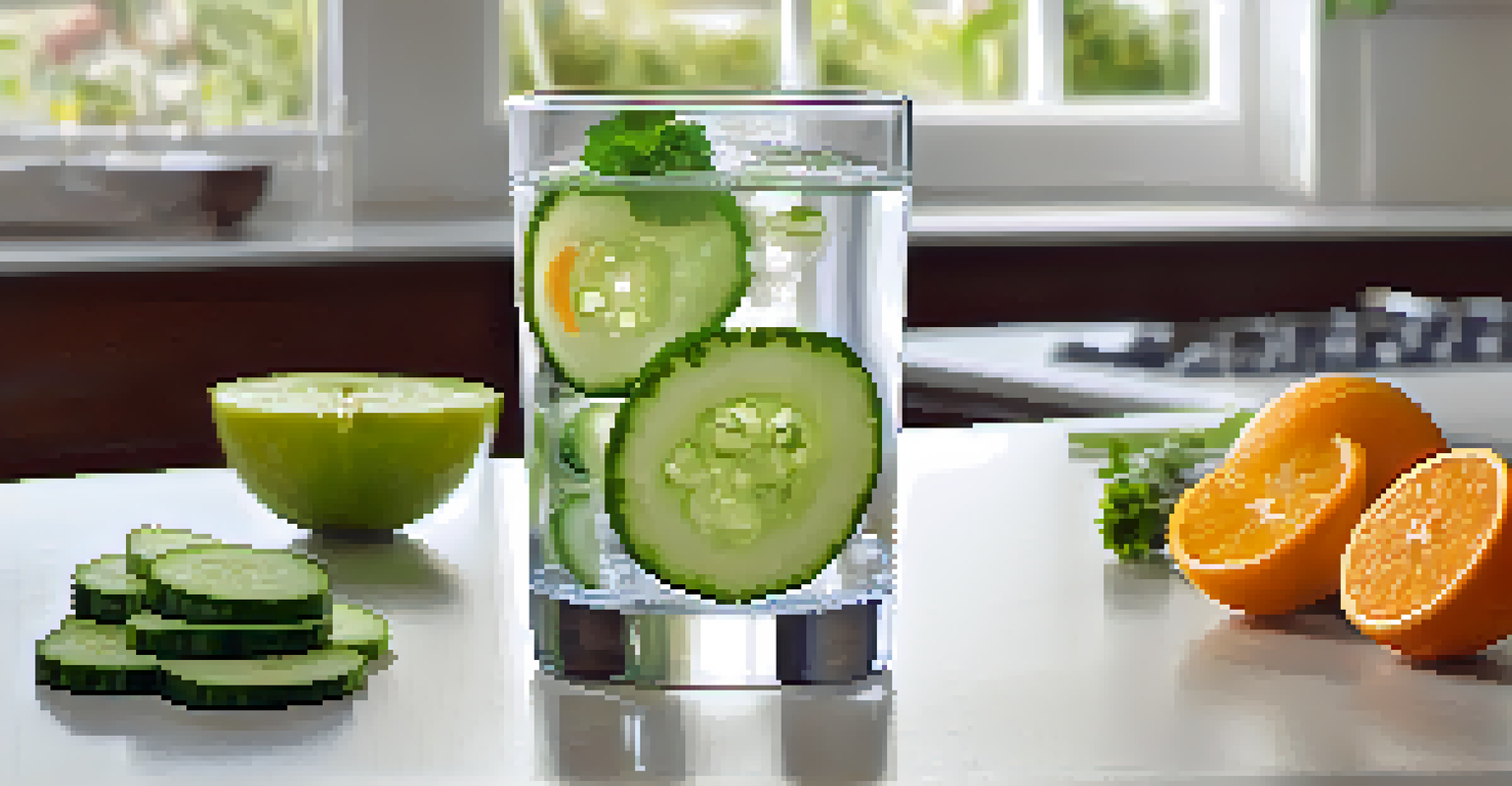A glass of water with cucumber and orange slices on a kitchen counter, surrounded by fresh produce.