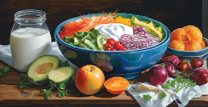 A bowl filled with yogurt, sauerkraut, kimchi, and fruits in a rustic kitchen, showcasing colorful and healthy probiotic-rich foods.
