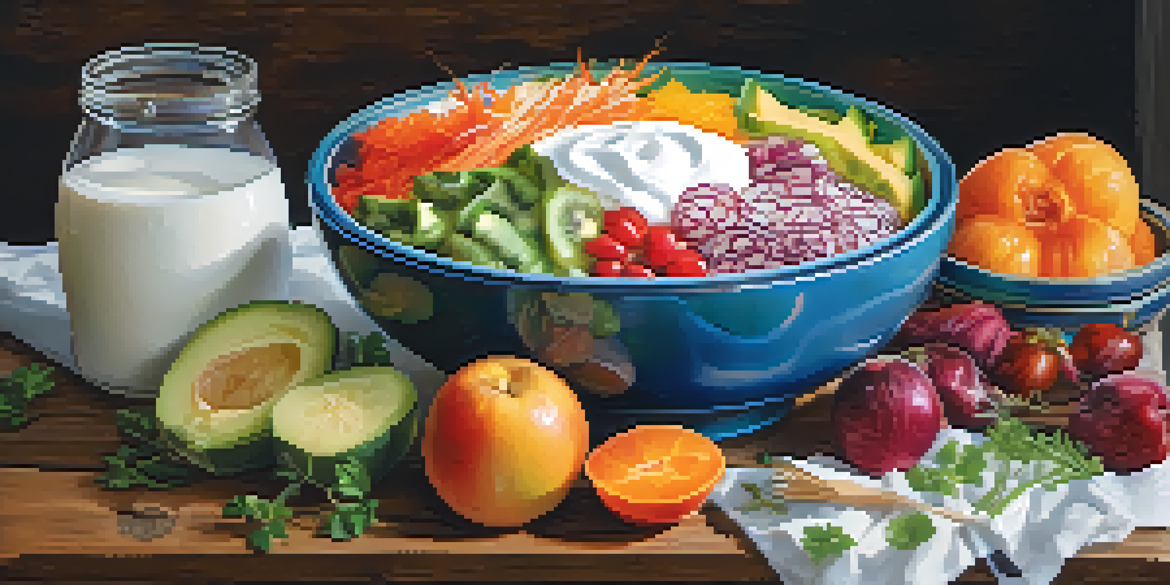 A bowl filled with yogurt, sauerkraut, kimchi, and fruits in a rustic kitchen, showcasing colorful and healthy probiotic-rich foods.