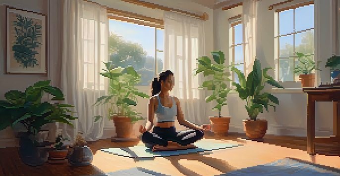 A person practicing morning affirmations in a sunlit room with plants and a cup of tea.