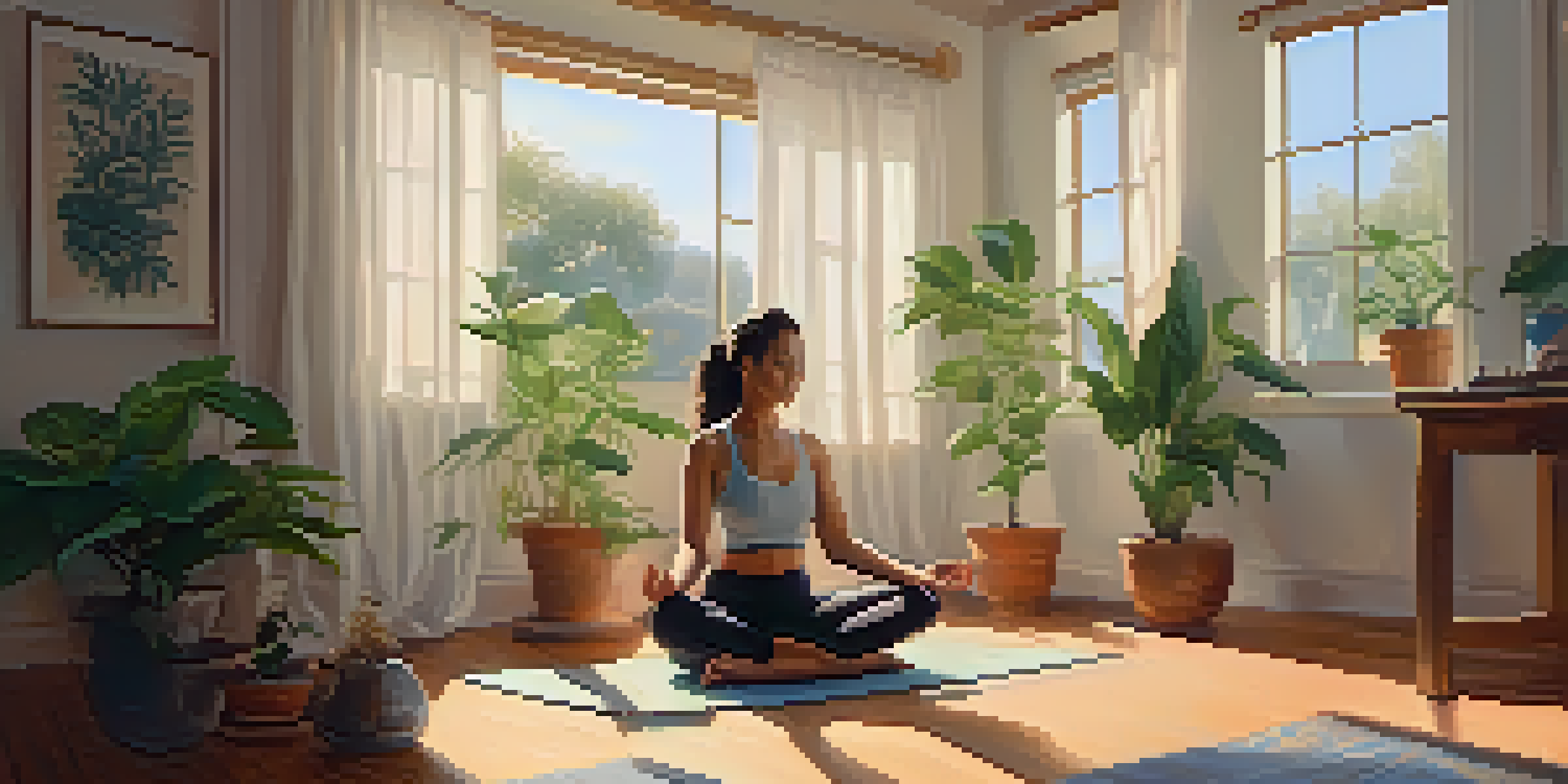 A person practicing morning affirmations in a sunlit room with plants and a cup of tea.