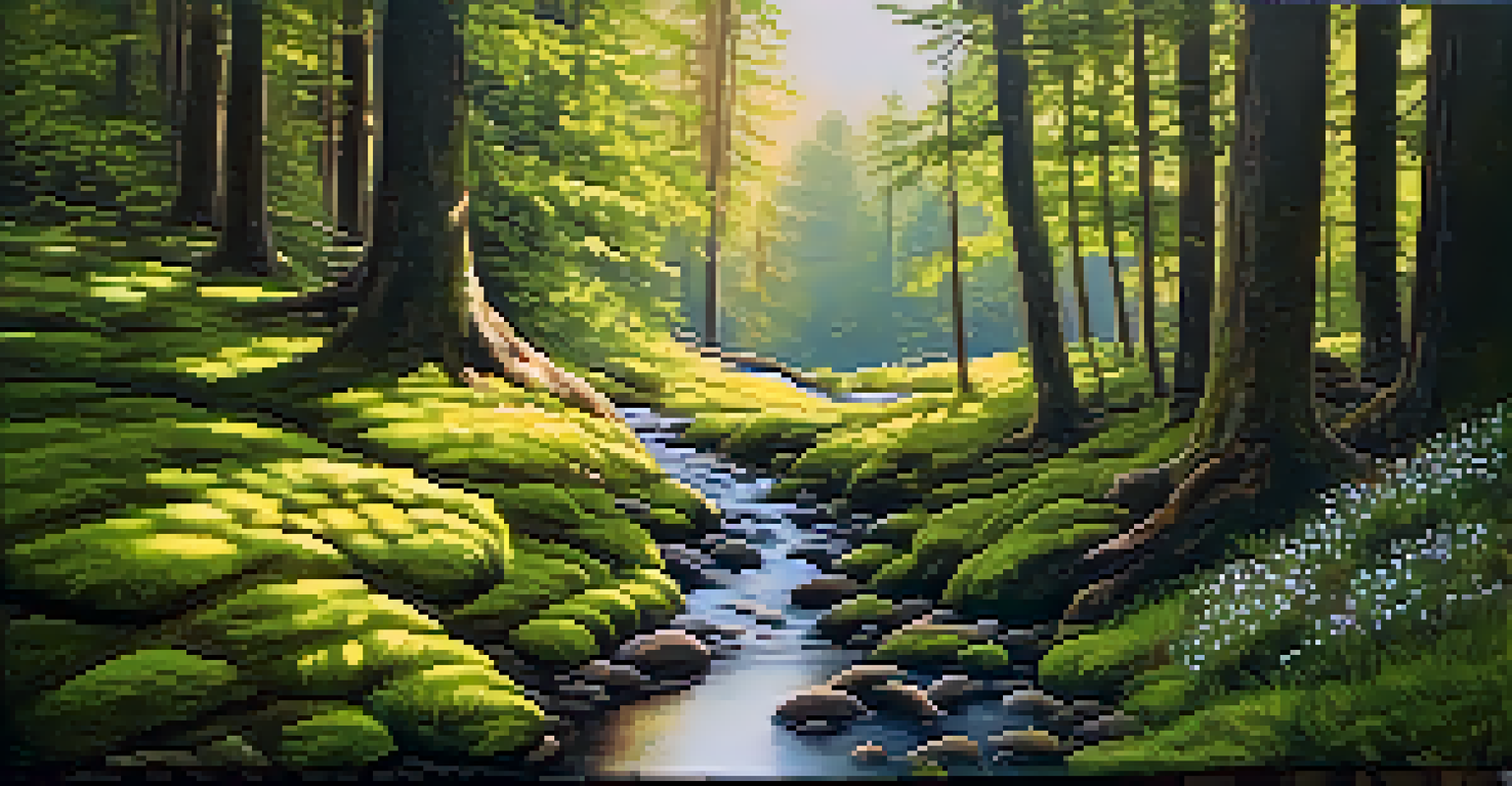 A calm forest with sunlight filtering through the trees and a gentle stream.