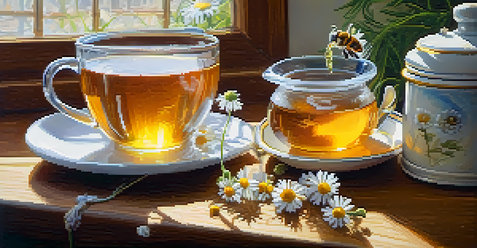 A close-up of chamomile tea with fresh flowers and a honey jar on a wooden table, illuminated by soft morning light.