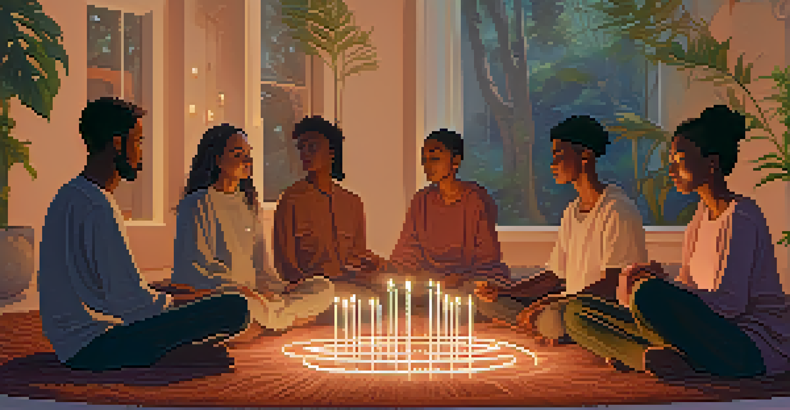 A diverse group of participants in a circle during a sound therapy session, eyes closed, in a softly lit and cozy room.