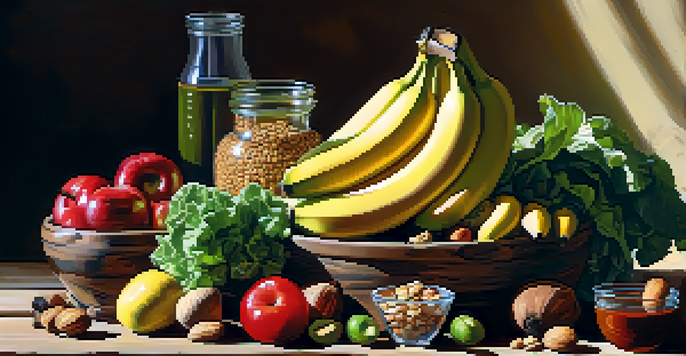 A still life of colorful fruits and vegetables rich in minerals, including bananas, leafy greens, and nuts, arranged on a wooden table with soft natural lighting.