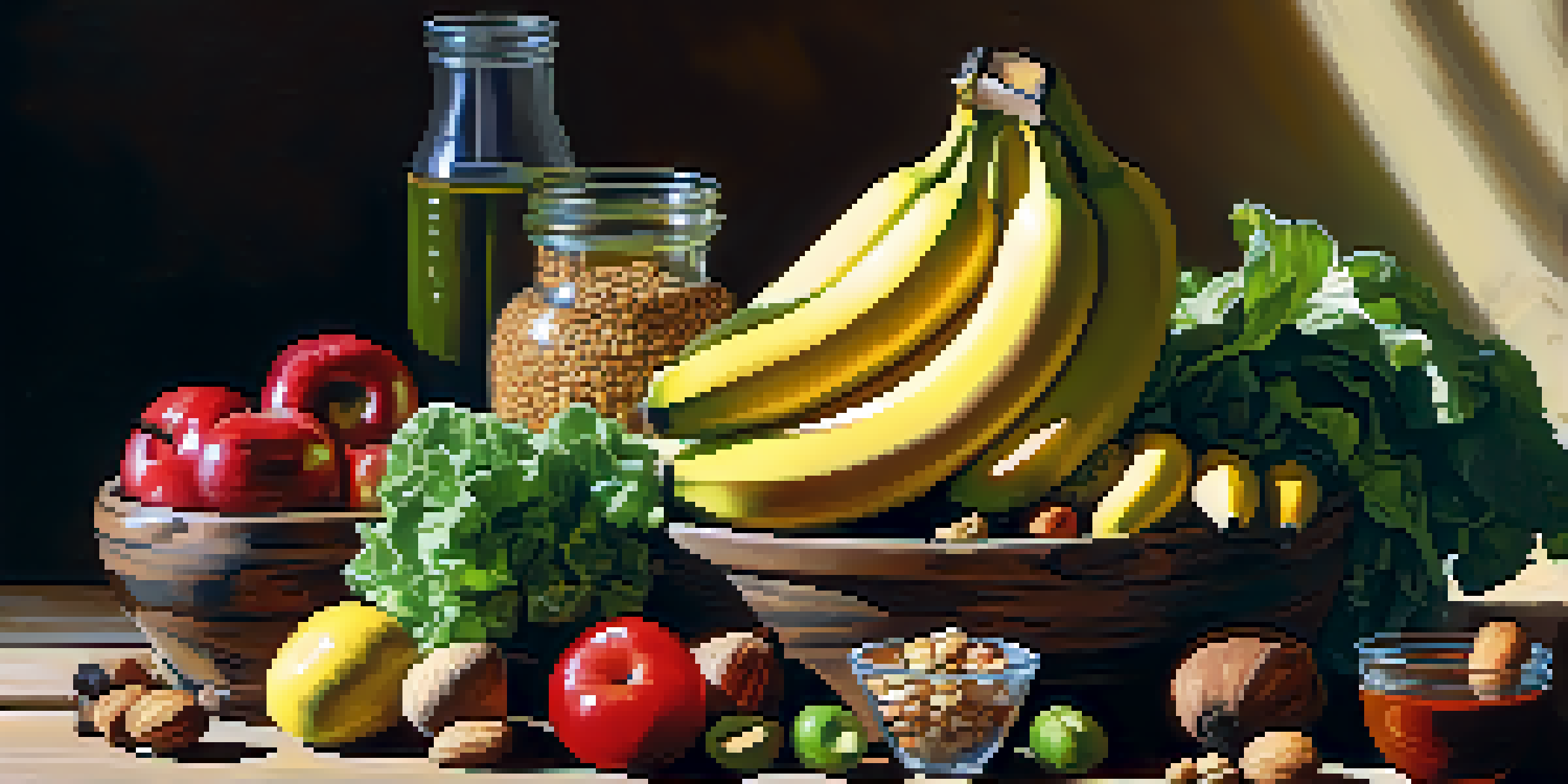 A still life of colorful fruits and vegetables rich in minerals, including bananas, leafy greens, and nuts, arranged on a wooden table with soft natural lighting.