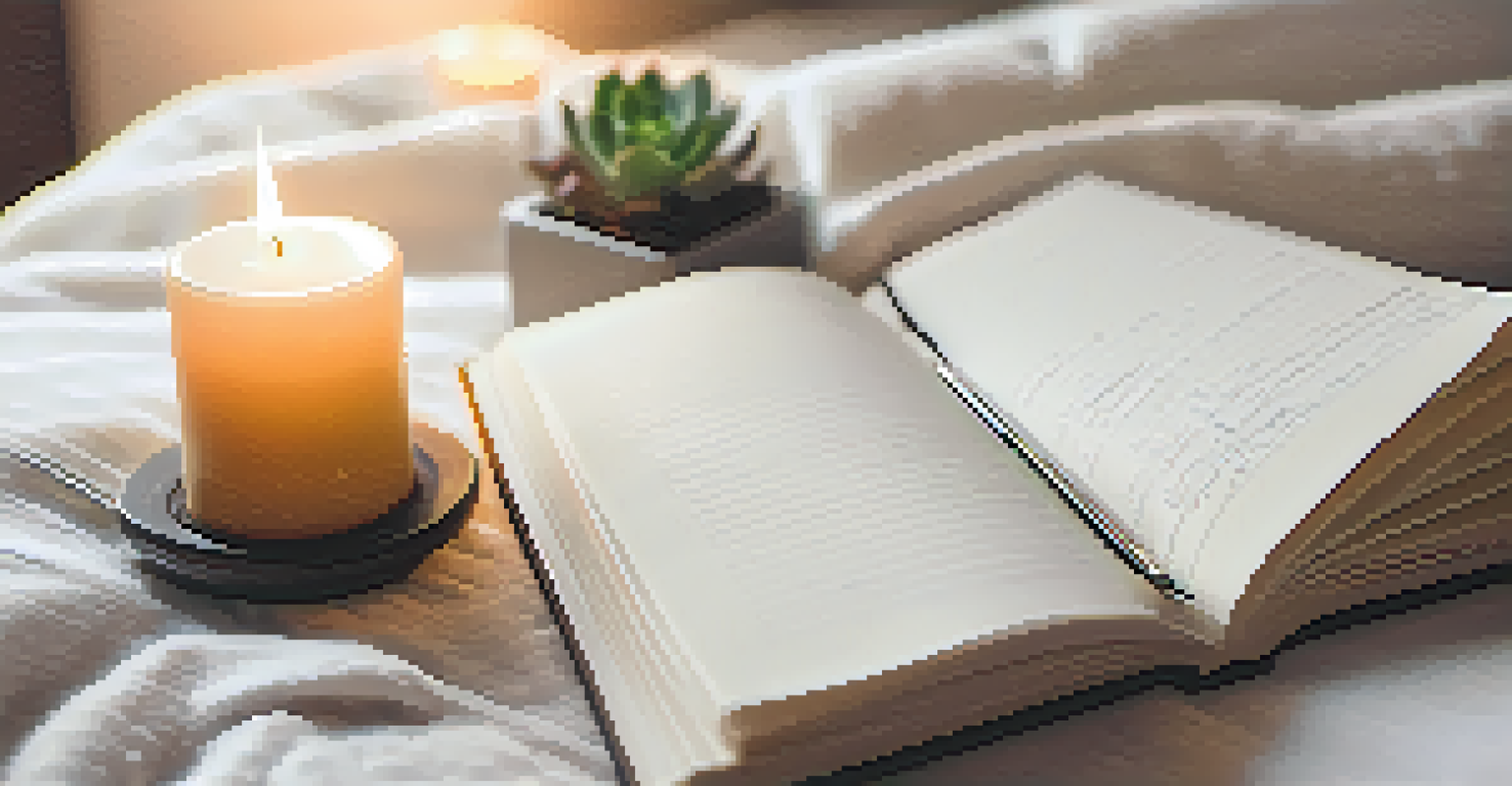 An open gratitude journal with handwritten notes, a pen, a candle, and a plant on a bedside table, representing a peaceful evening routine.