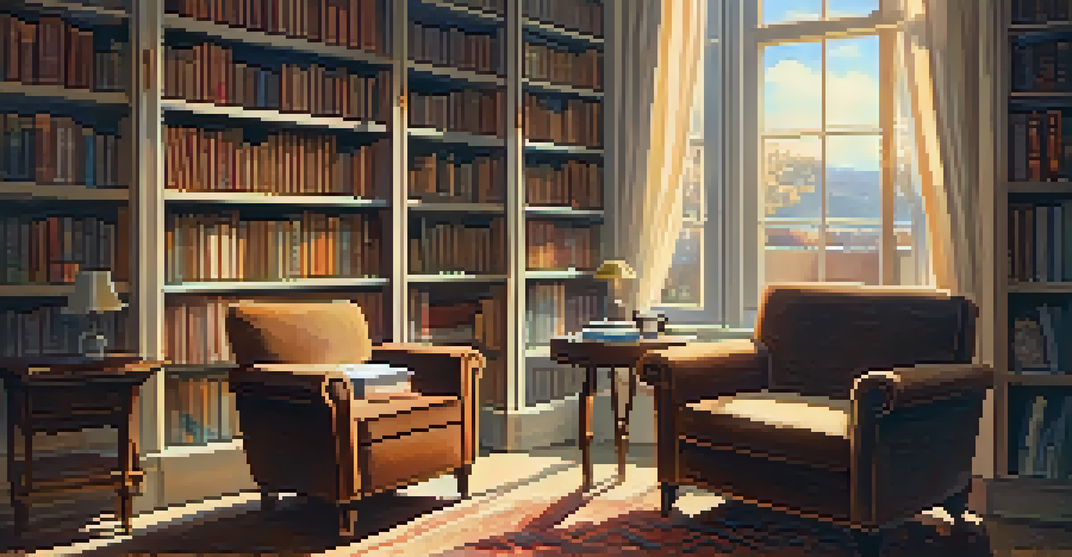 A cozy room with warm lighting, featuring a table with a journal and tea, an armchair by the window, and a bookshelf filled with books.
