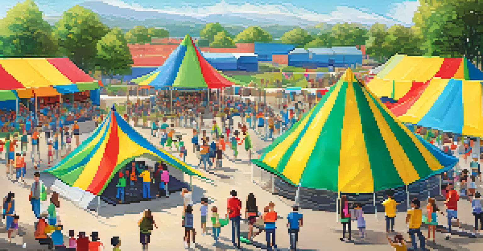 A lively school playground during a Mental Health Awareness Day event, with colorful tents and students engaging in activities.