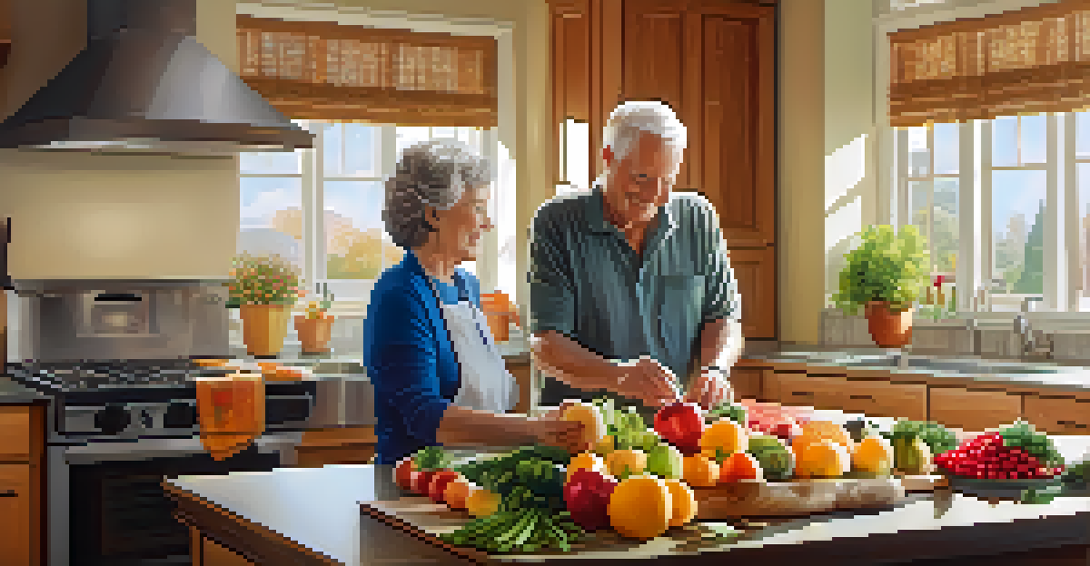 A senior couple cooking in a bright kitchen, surrounded by colorful fruits and vegetables, highlighting the importance of nutrition for mental health.