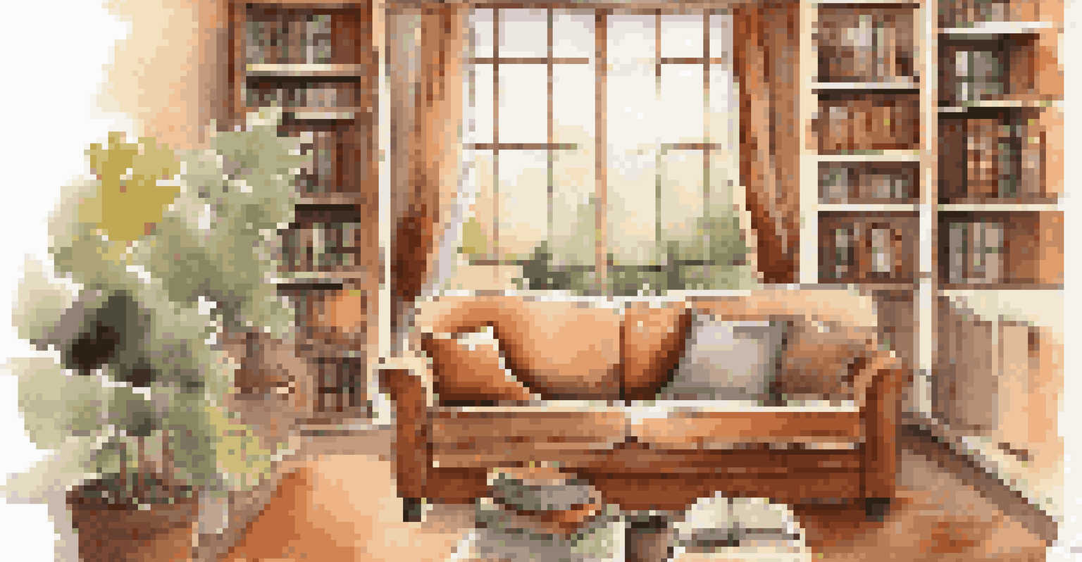 A cozy living room featuring a sofa with a blanket, a coffee table with a journal, and a view of a garden through the window.