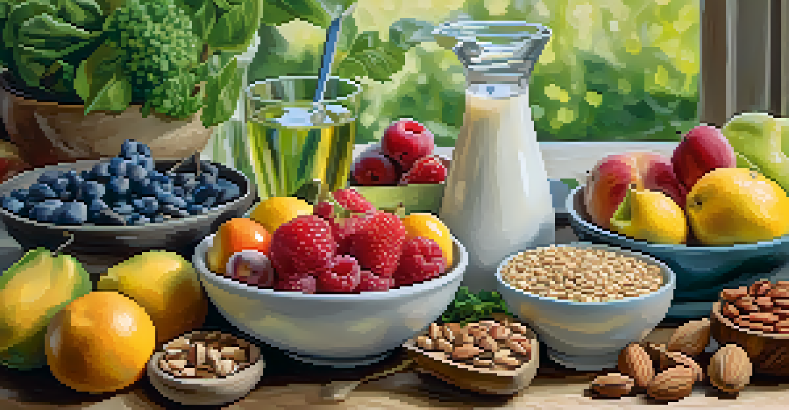 A colorful array of healthy foods on a wooden table, showcasing a balanced diet for menopause management.