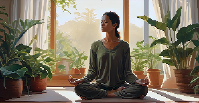 A person meditating peacefully in a sunlit room filled with plants, radiating tranquility and self-compassion.