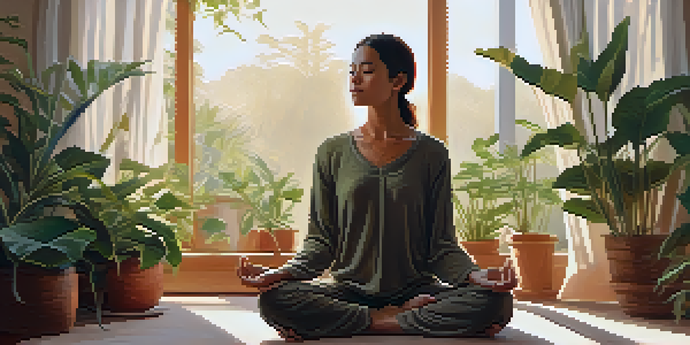 A person meditating peacefully in a sunlit room filled with plants, radiating tranquility and self-compassion.