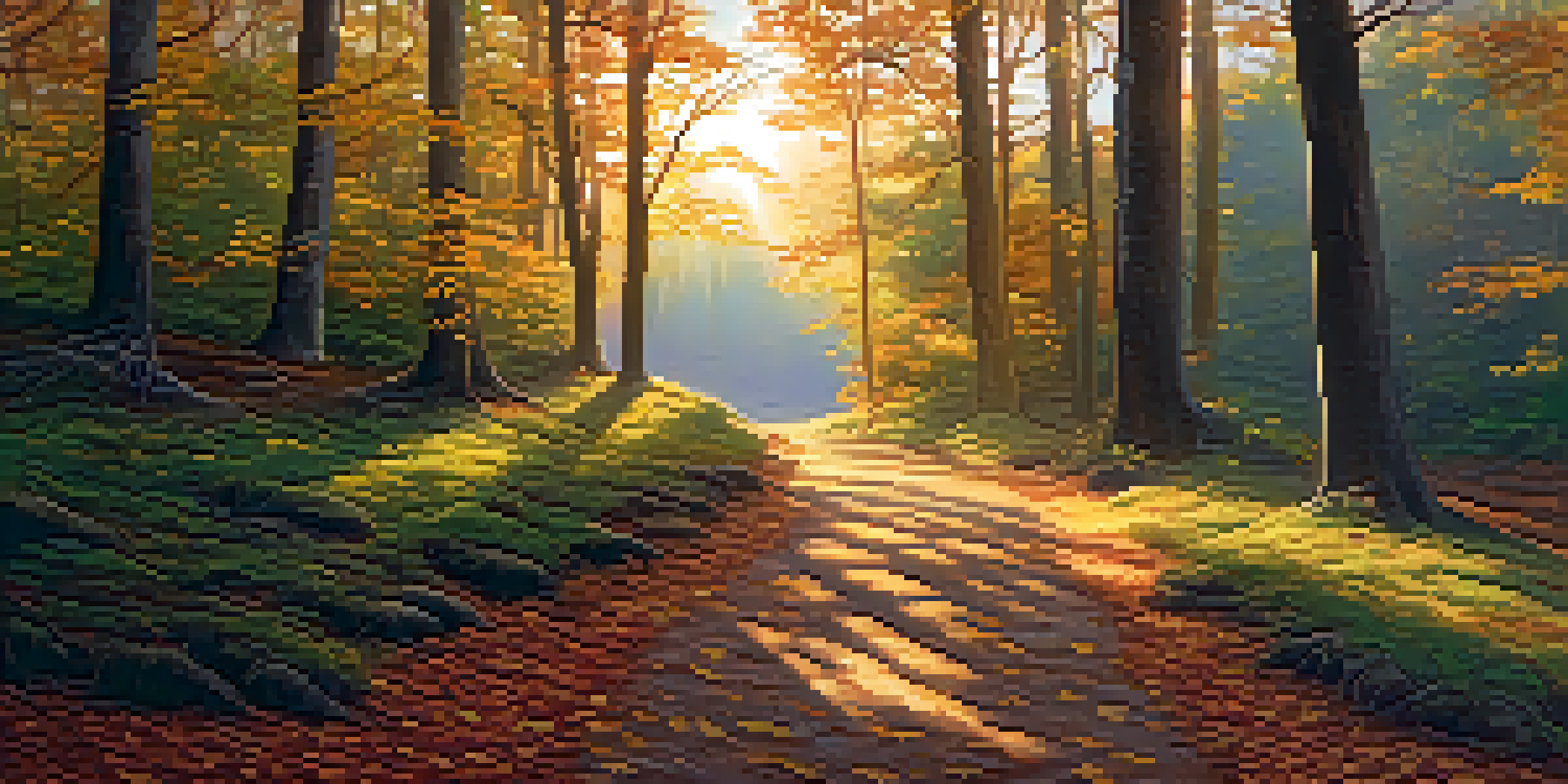 A peaceful forest scene with sunlight filtering through trees and a pathway inviting exploration.