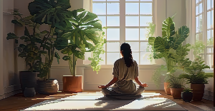A person meditating in a sunlit room surrounded by indoor plants, creating a peaceful and serene atmosphere.