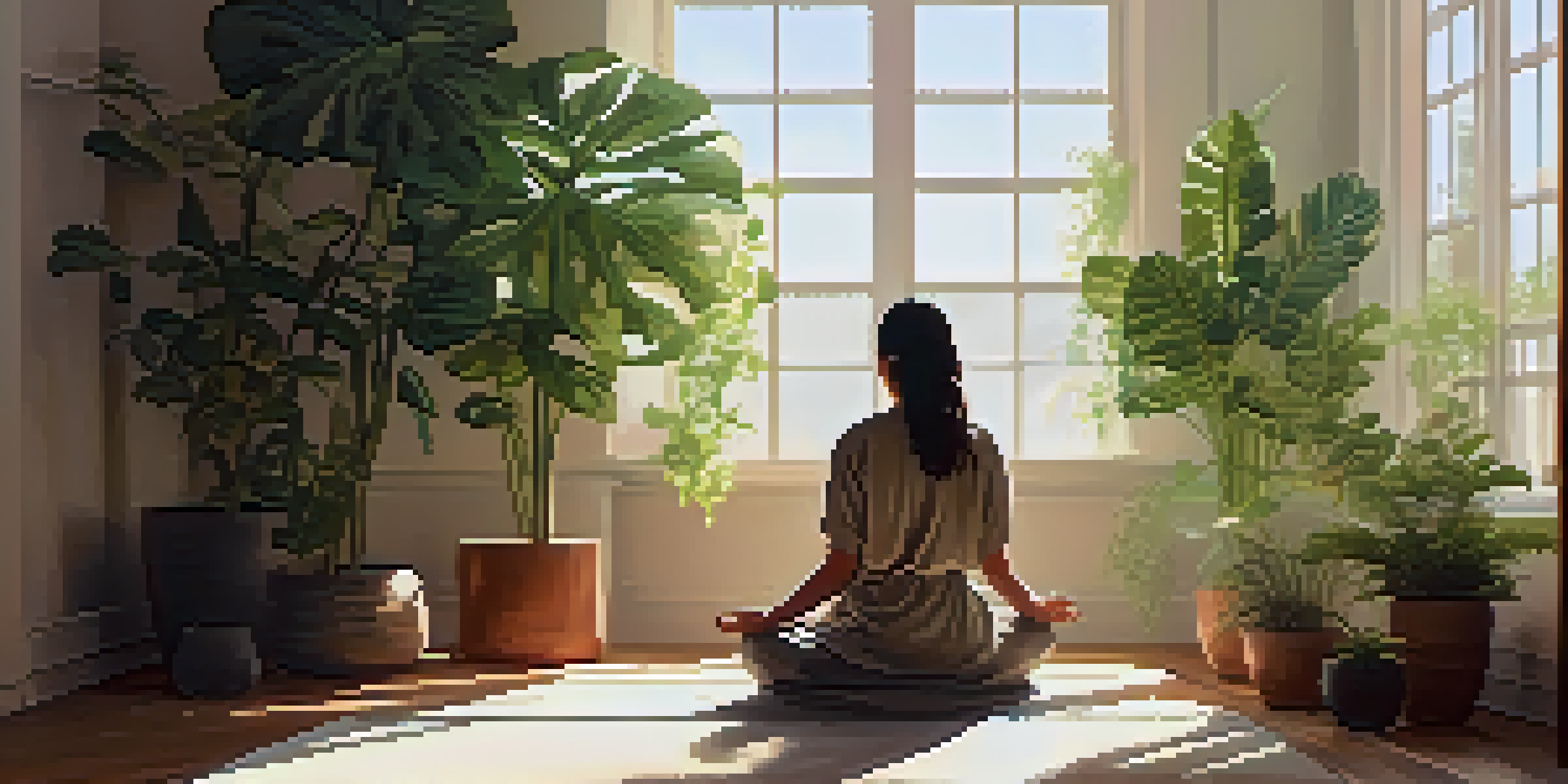 A person meditating in a sunlit room surrounded by indoor plants, creating a peaceful and serene atmosphere.