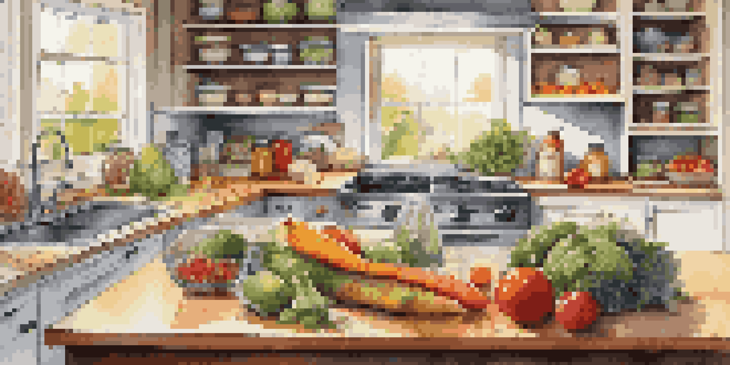 A well-organized kitchen showcasing colorful fruits and vegetables on the countertop, with glass storage containers and a cutting board.