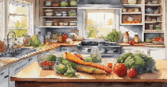 A well-organized kitchen showcasing colorful fruits and vegetables on the countertop, with glass storage containers and a cutting board.
