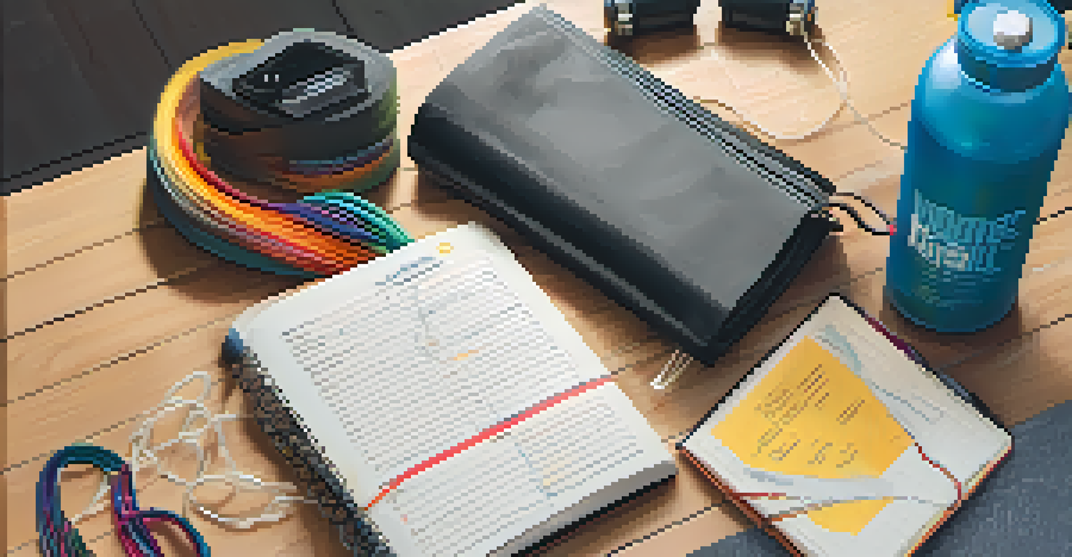 A close-up view of an open fitness journal showing goals and achievements, surrounded by workout gear such as resistance bands and a water bottle under warm lighting.