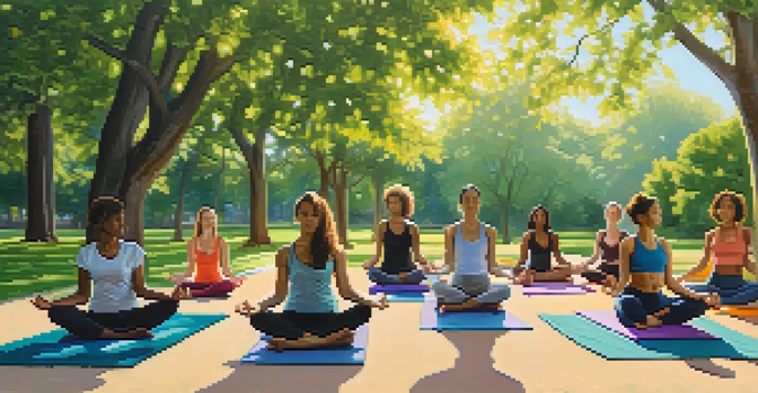 A diverse group of women practicing yoga in a sunny park surrounded by greenery and flowers.