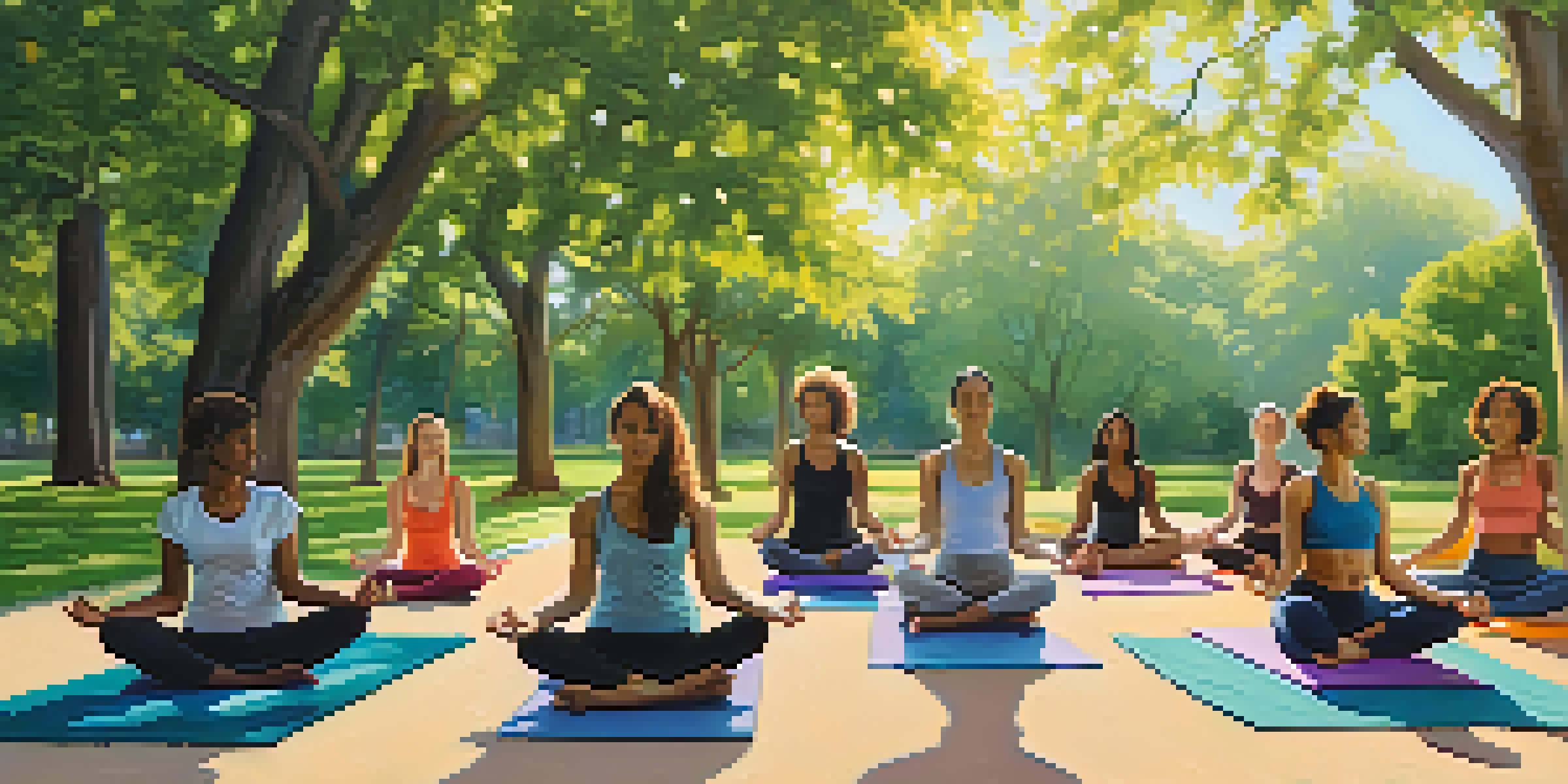 A diverse group of women practicing yoga in a sunny park surrounded by greenery and flowers.