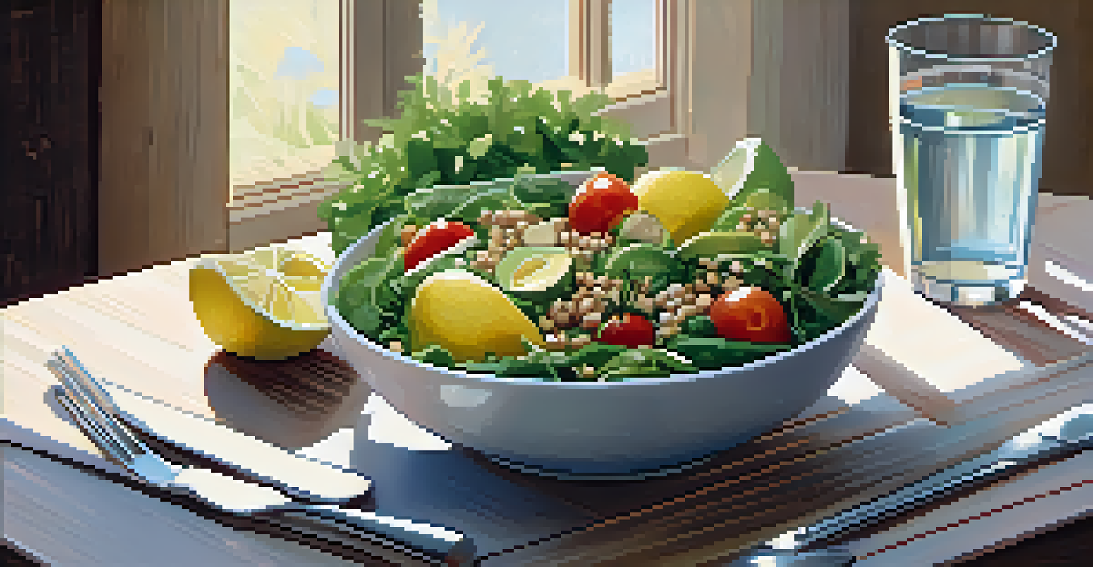 A dining table with a healthy salad and whole grains, surrounded by warm lighting.