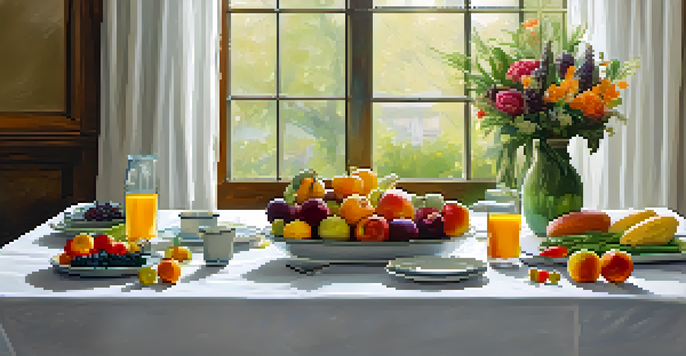 A beautifully arranged dining table with fresh fruits and vegetables, bathed in soft natural light.