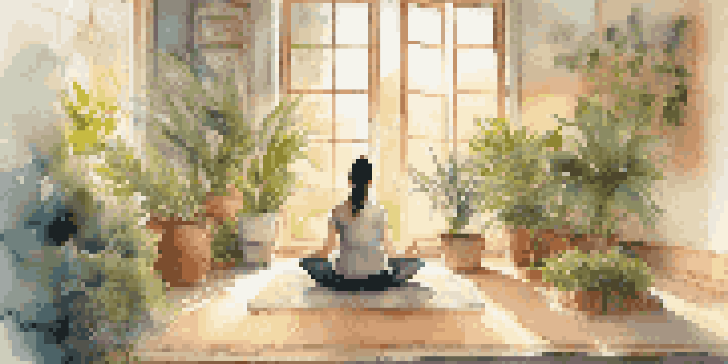 A person meditating in a peaceful room filled with plants and candles, illuminated by warm sunlight.