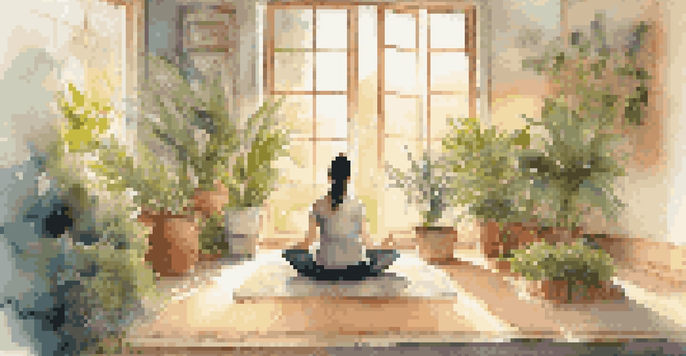 A person meditating in a peaceful room filled with plants and candles, illuminated by warm sunlight.