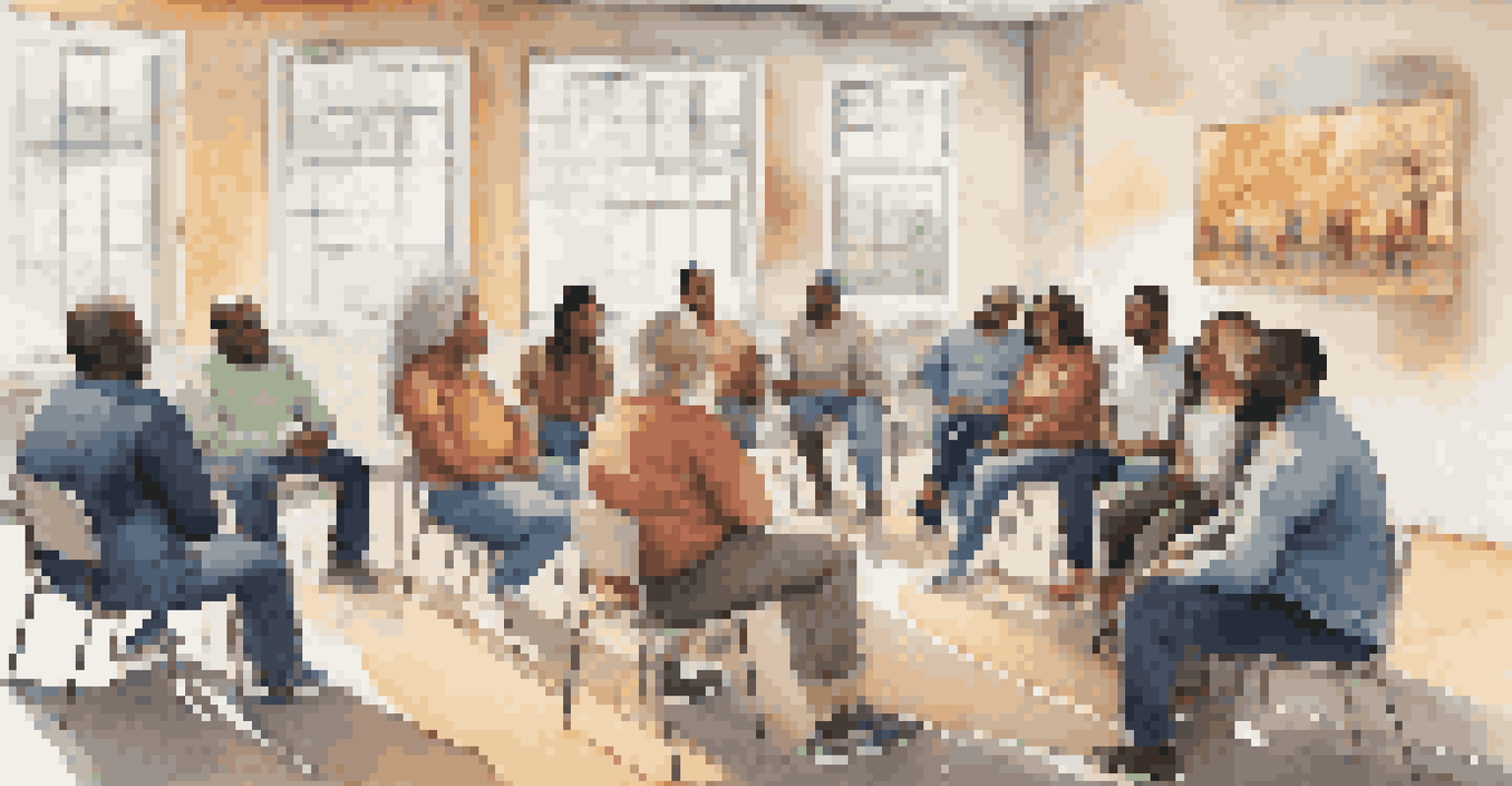 A diverse group of people in a community center discussing chronic pain support, with warm lighting and motivational posters.