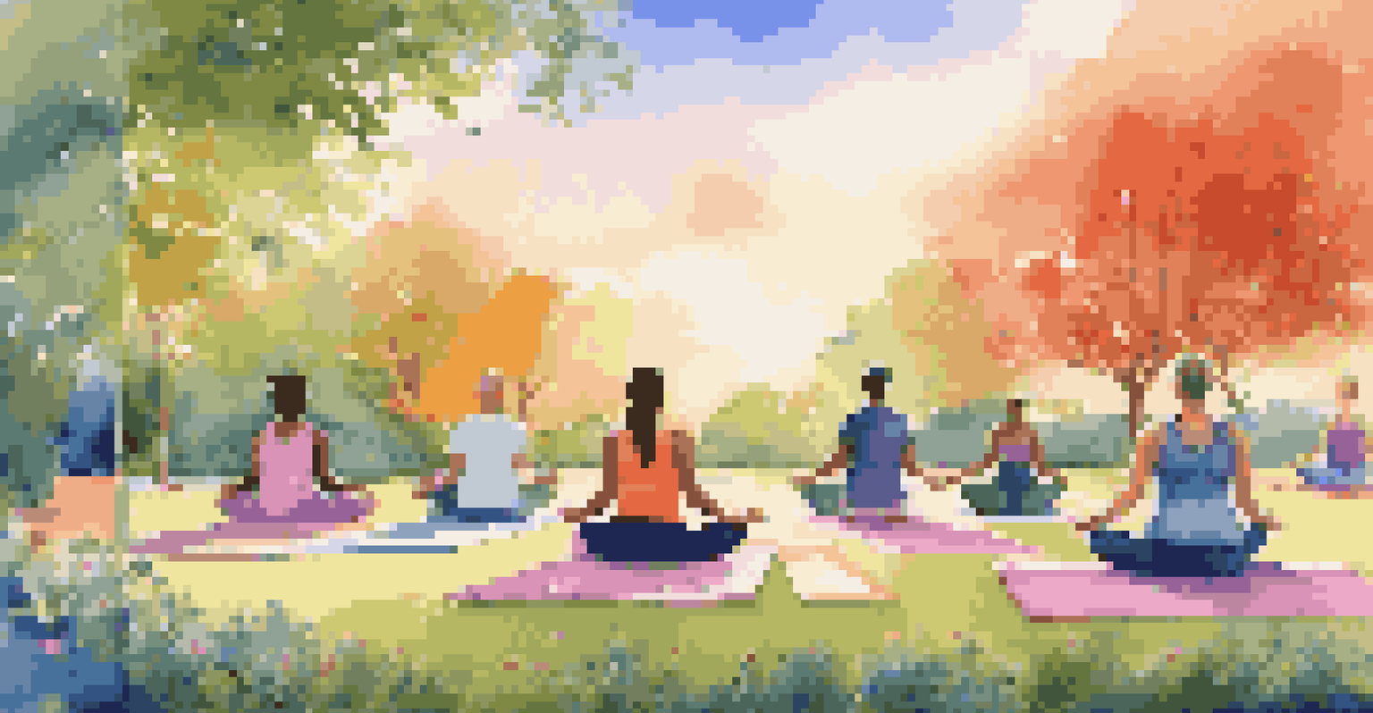 A diverse group of people practicing yoga outdoors at sunrise in a tranquil park, surrounded by greenery.