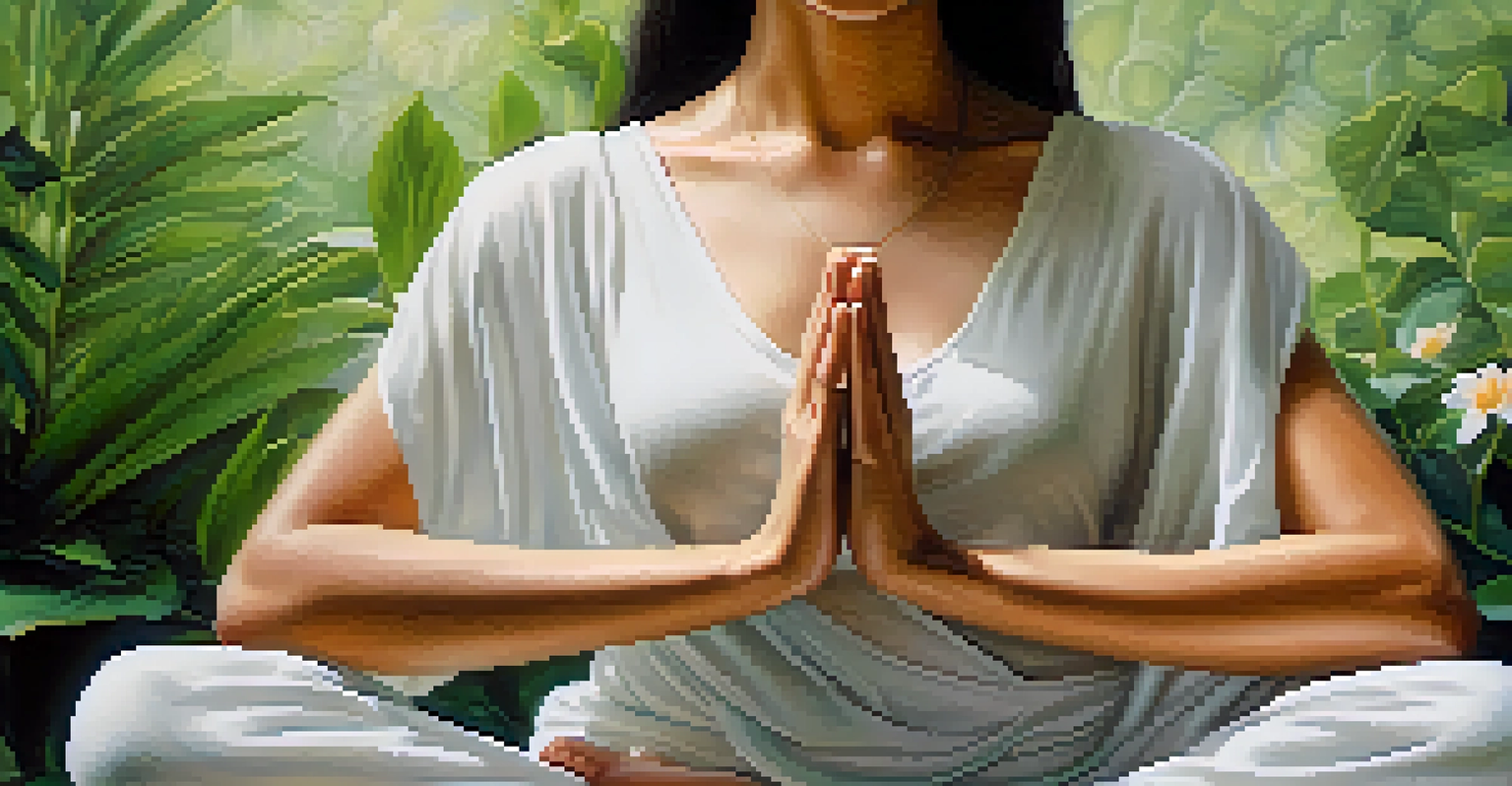 Close-up of hands in a mudra position during meditation, with a blurred natural background.