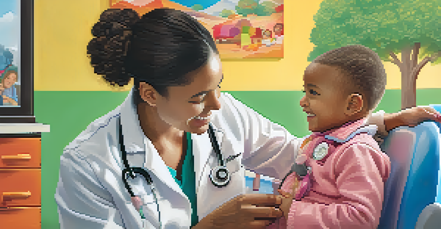 A healthcare professional giving a vaccine to a smiling child in a colorful pediatric clinic.