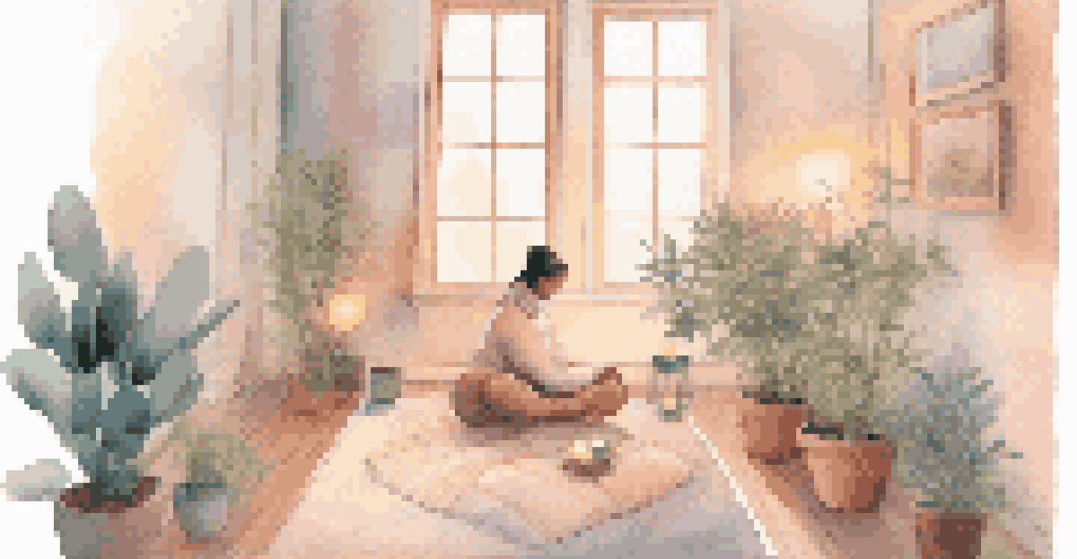 A cozy meditation corner with a person practicing deep breathing, surrounded by soft cushions and calming decor.