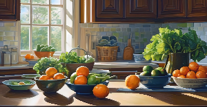 A kitchen table adorned with fresh fruits and vegetables, bathed in warm sunlight, showcasing healthy food options.