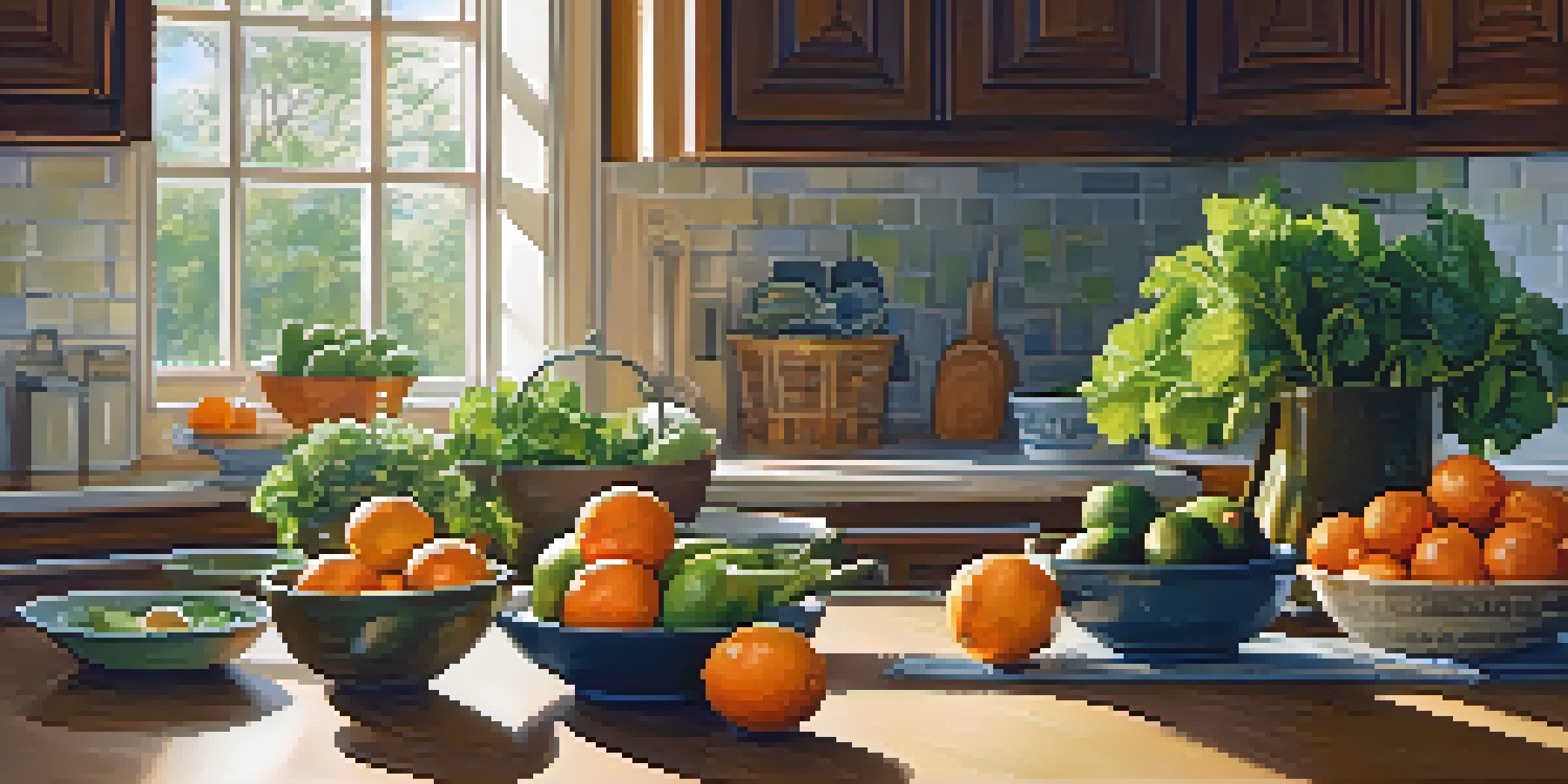 A kitchen table adorned with fresh fruits and vegetables, bathed in warm sunlight, showcasing healthy food options.