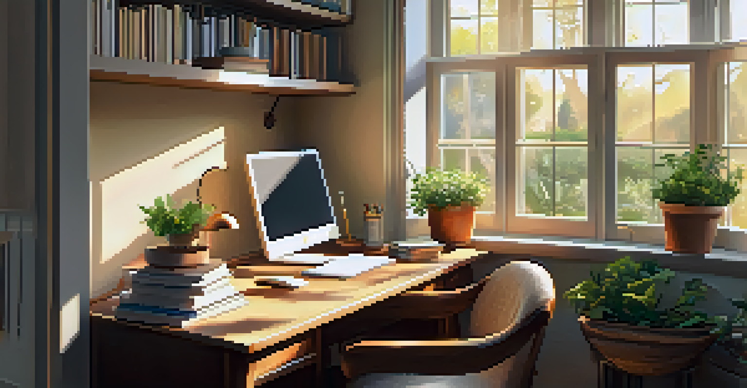 A cozy home office with a desk, chair, and a view of a sunny garden through the window, illuminated by soft light.
