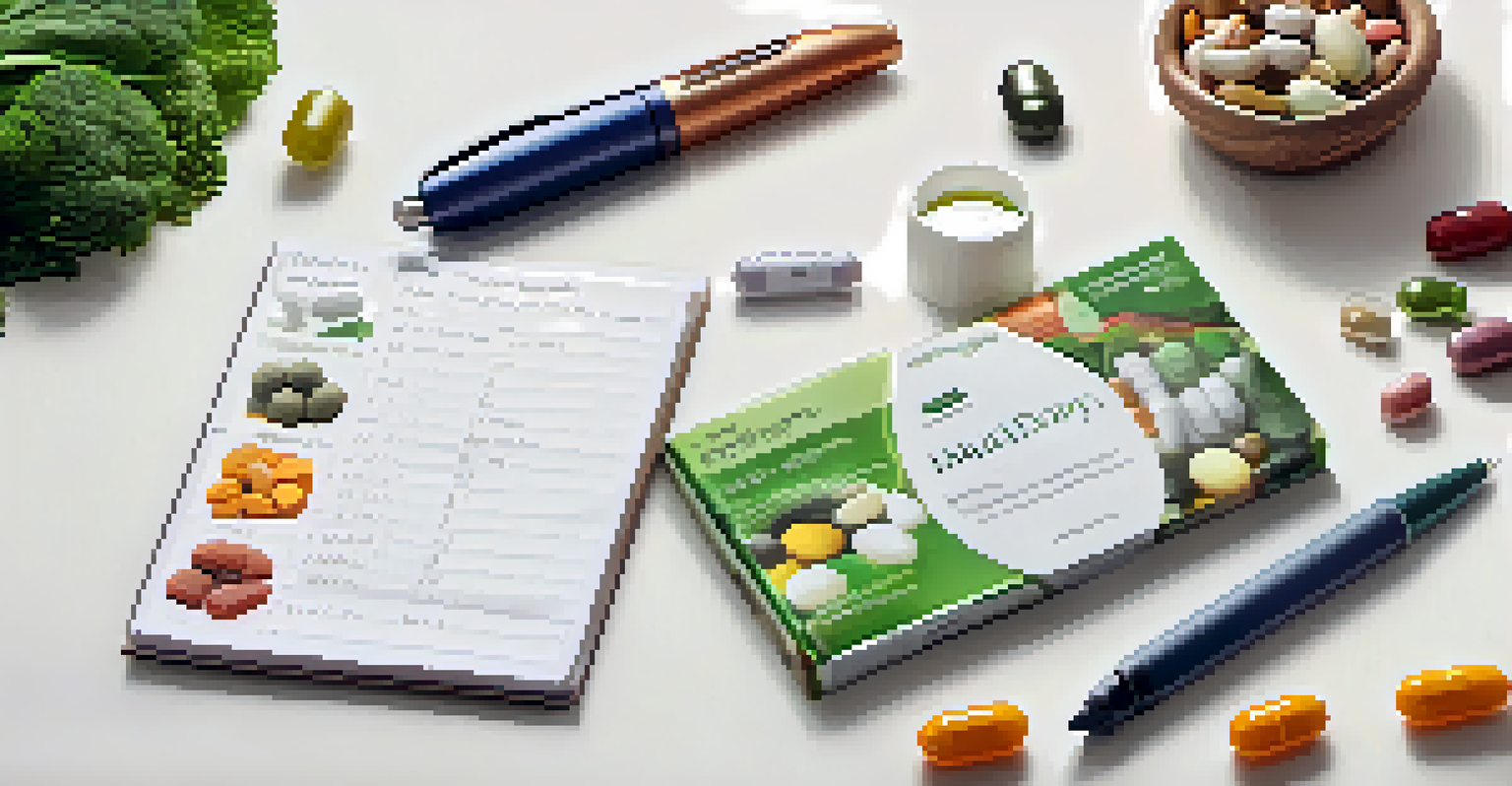 A food diary, pen, and various dietary supplements arranged on a white surface in natural light.