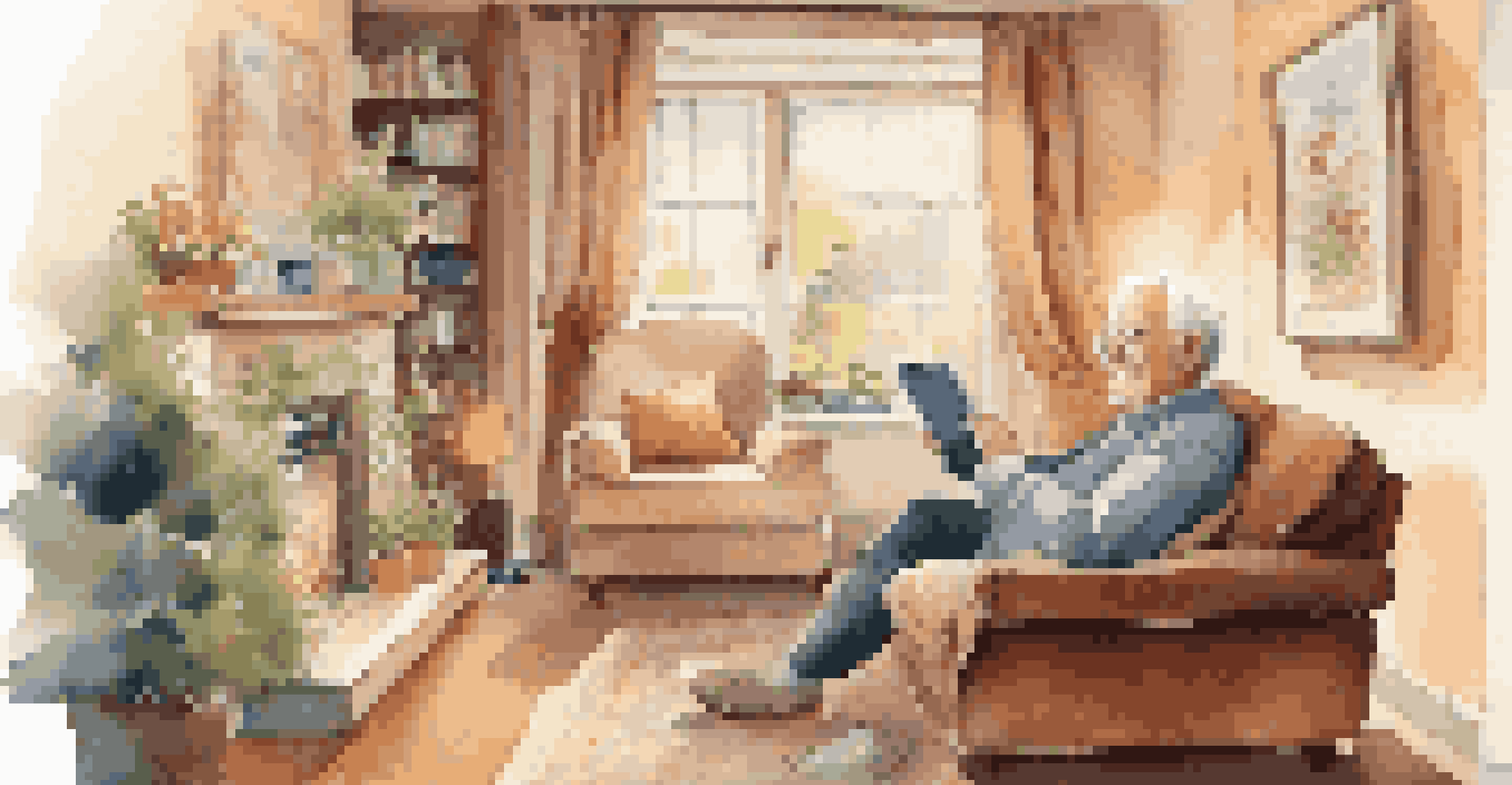 An older man smiling while video calling his grandchildren in a cozy living room.