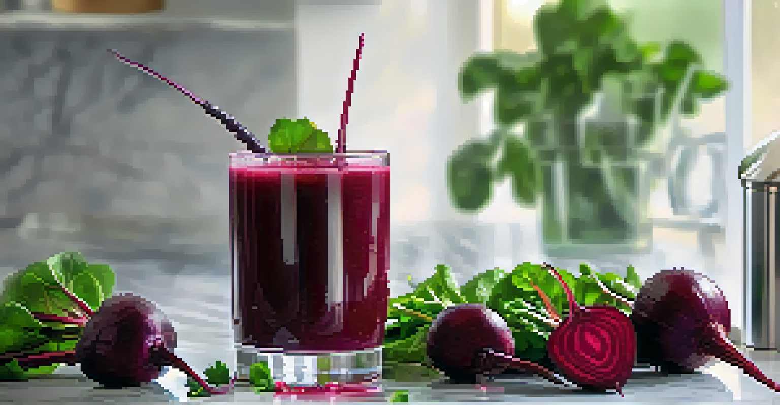A glass of beetroot juice on a marble countertop with fresh beetroots in the background.