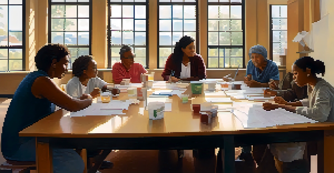A diverse group of community members discussing health equity in a community center, with papers and charts on the table.