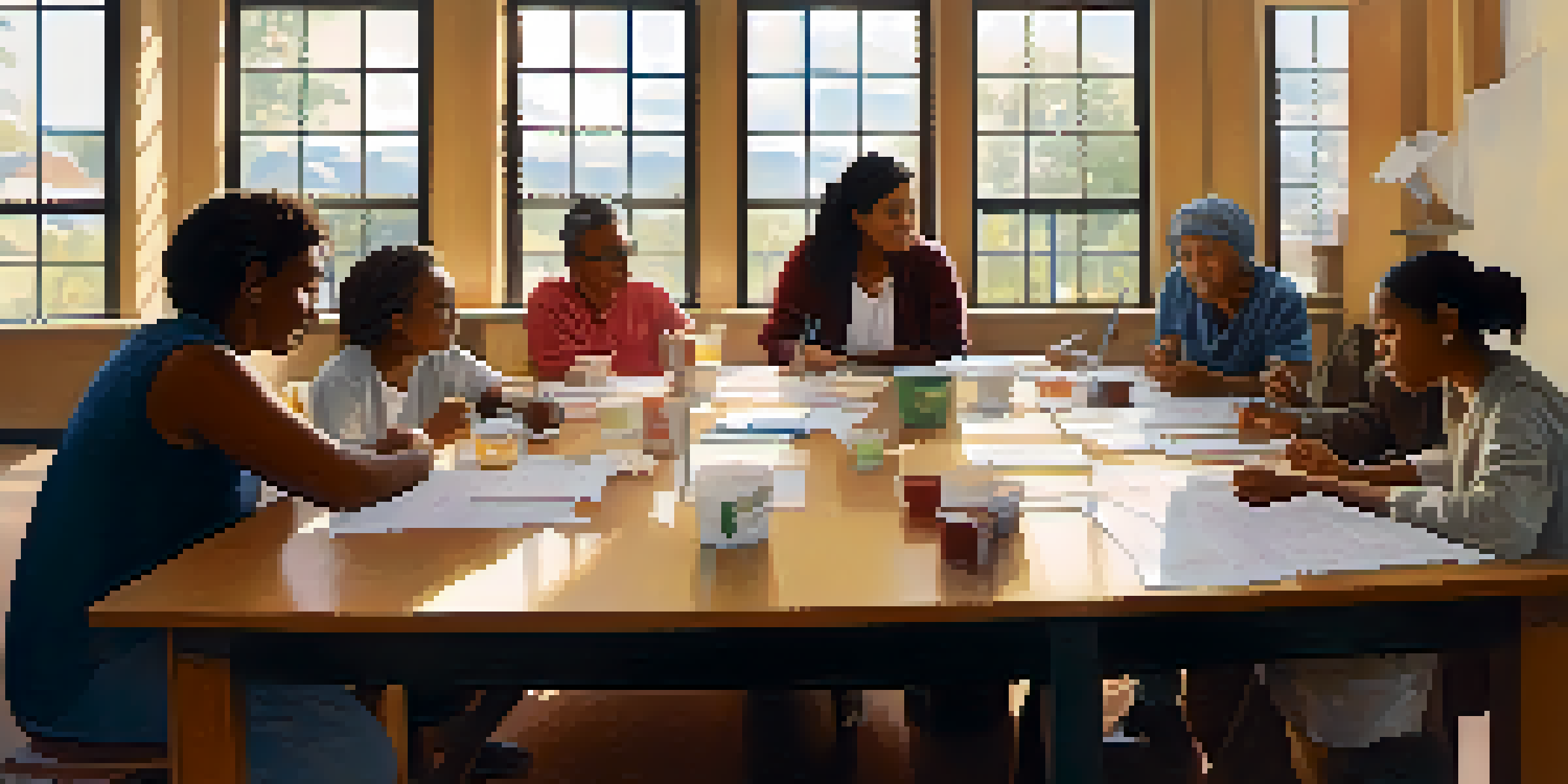 A diverse group of community members discussing health equity in a community center, with papers and charts on the table.